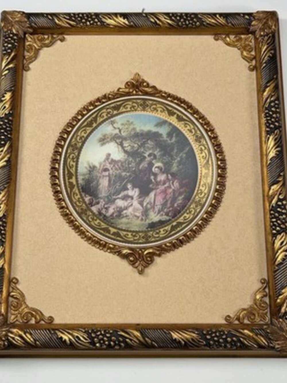 Large Vintage Victorian French Rococo Framed Porcelain Charger Plate Wall Decor